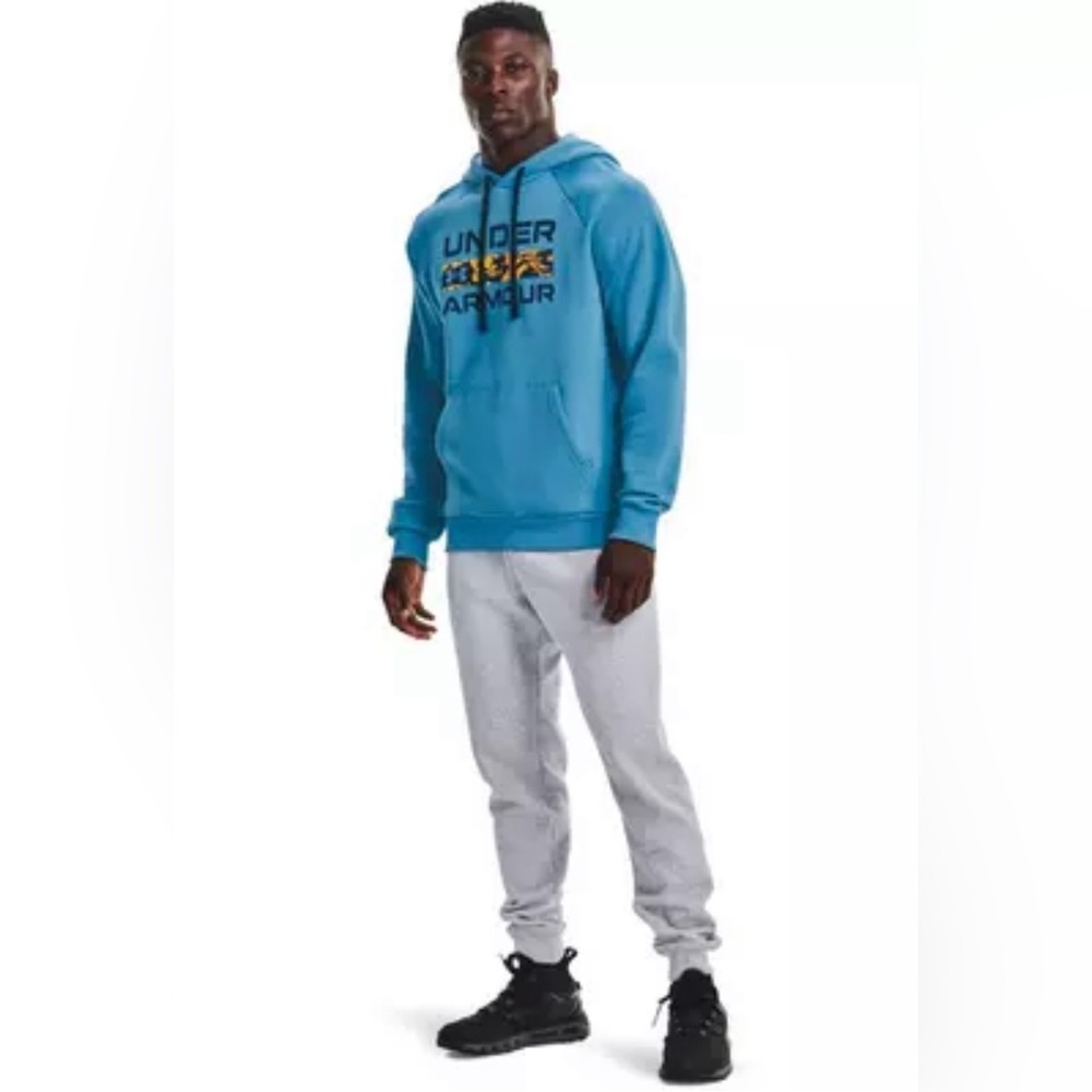 Under Armour Men’s Rival Fleece Signature Box “Blue” Pullover Hoodie in Large